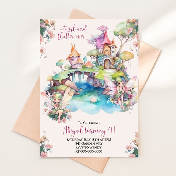 Editable Fairy Garden Birthday Invitation Template for Girl Wildflower Enchanted Forest Princess Party Printable Whimsical Download 1598