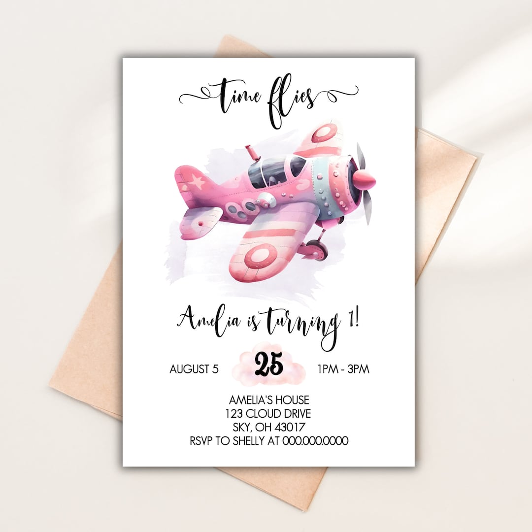 Oh How Time Flies Birthday Invitation Pink Purple Airplane Flying ...