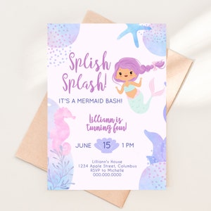 Editable Mermaid Birthday Party Invitation Girl Pink Mermaid Invitation Under The Sea Birthday Invite Pink Splish Splash Invite Template