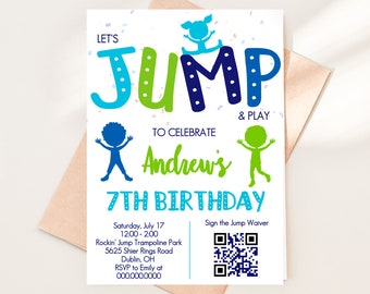 Jump Invitation ump and Play Birthday Boy Bounce House Invitation Bounce House Party Boy Let’s Jump Editable QR Code Invite 2163