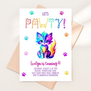 Cat Birthday Party Invitation Kitty Birthday Invitation Girl Birthday Invite Let's Pawty Instant Download Rainbow Cat Birthday Party 1297