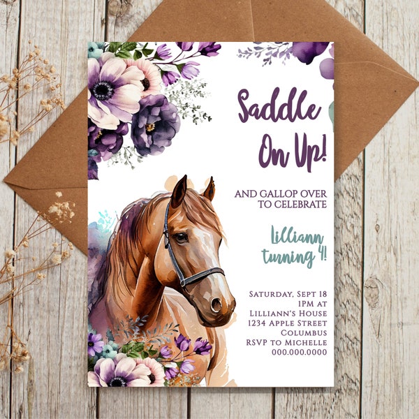 Editable Invitation Horse Birthday Party Invitation Girl Birthday Invite Purple Horse Floral Saddle Up Template Corjl Cowgirl 0918