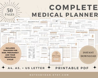 May include: A printable medical planner with 50 pages, featuring trackers for kids, pregnancy, and menstrual cycles. The planner is designed with a minimalist aesthetic, using a beige and brown color scheme. The text "Complete Medical Planner" is displayed in a large font at the top of the image.