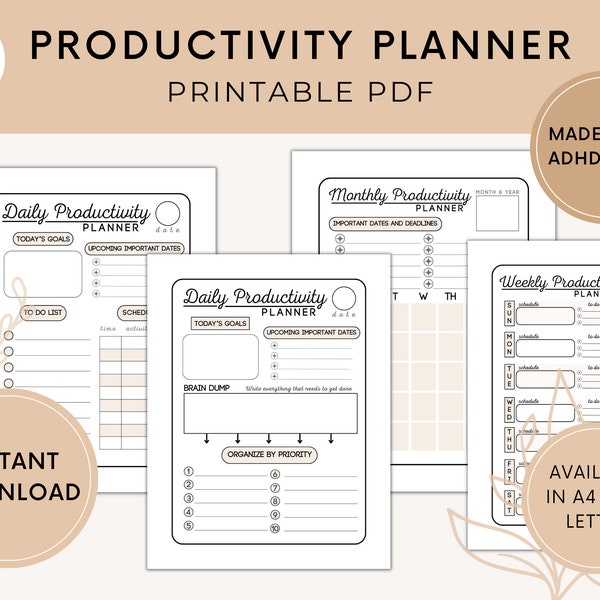 Printable Productivity Planner for People with ADHD, Goal Tracker Bundle, Time Management Tools