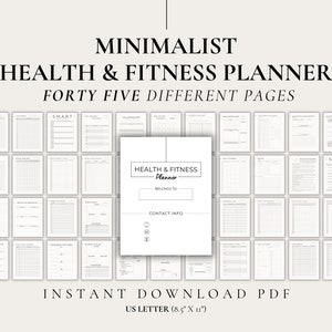 Minimalistische gezondheids- en fitnessplanner afdrukbaar, grafiek gewichtsverlies, afdrukbare workouts, maaltijdplanner