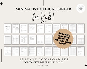 Könnte beinhalten: Ein druckbarer PDF-Ordner mit 45 Seiten zur Organisation der medizinischen Vorgeschichte eines Kindes. Der Umschlag zeigt den Text "Minimalist Medical Binder for Kids!" und eine Sonnengrafik. Der Text "Organize Your Kids' Medical History With Ease!" befindet sich auf einem braunen Kreis.