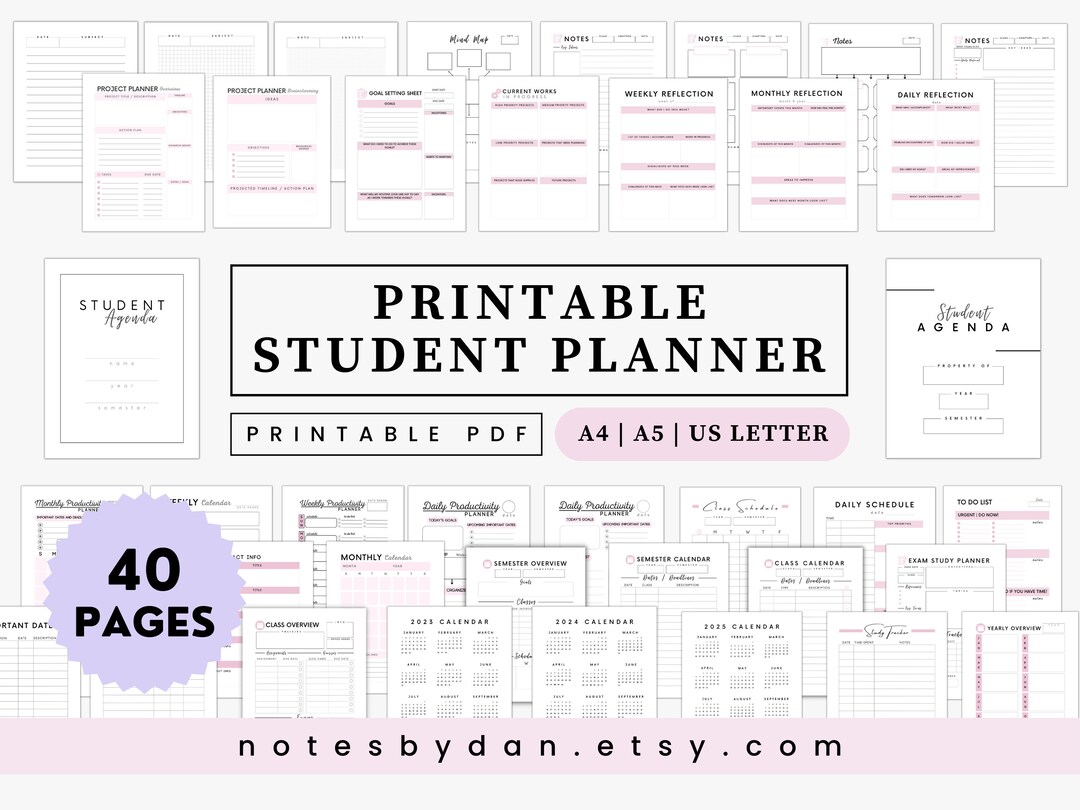 Undated Pink Printable Student Planner, Minimalist College Planner ...