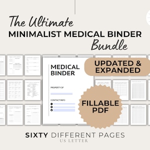 Minimalist Medical Binder Bundle, Chronic Illness Journal, Fillable Family Binder Templates