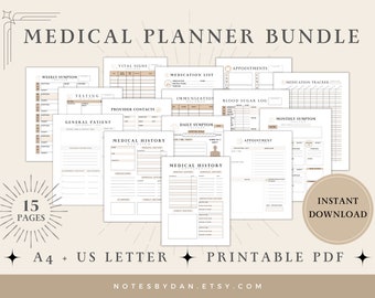 Op de afbeelding: Een printbare medische plannerbundel met 15 pagina's. De pagina's bevatten secties voor wekelijkse symptomen, vitale functies, medicijnlijsten, afspraken, medicijnvolgers, testen, immunisaties, contacten van zorgverleners, algemene patiëntinformatie, dagelijkse symptomen, bloedsuikerlogboeken, maandelijkse symptomen en medische geschiedenis. De pagina's zijn ontworpen in een minimalistische stijl met een beige en bruine kleurstelling.