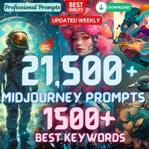 21,500 Midjourney prompts 1500 AI Art prompt keywords, stable diffusion, dalle, clipart, tshirt, coloring page, mockups , AI art prompts image 1