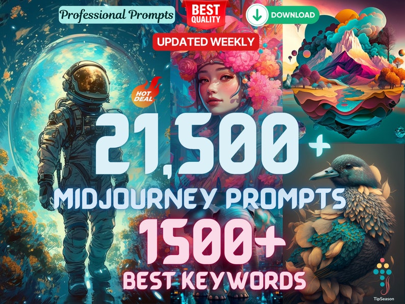 21,500 Midjourney prompts 1500 AI Art prompt keywords, stable diffusion, dalle, clipart, tshirt, coloring page, mockups , AI art prompts image 1