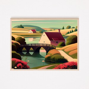 Printable Wall Art, Minimalist Country Cottage, Flowers, River, Bridge, Hi Res DIGITAL DOWNLOAD