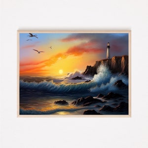 Könnte beinhalten: Ein gerahmter Druck einer Küstenlandschaft bei Sonnenuntergang. Das Kunstwerk zeigt einen weißen Leuchtturm auf einer Klippe, mit tosenden Wellen und Möwen am Himmel. Der Himmel ist eine Mischung aus Orange, Gelb und Blau.