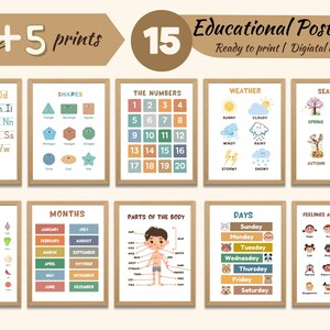 Set of 15 Educational Posters, Montessori Classroom Decor, Homeschool Prints Rainbow Handwriting Alphabet Chart, ABC Boho Toddler Room Decor