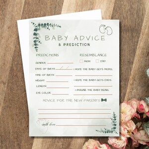 Carta di previsioni per bambini minimaliste Giochi per baby shower Consigli e desideri per i genitori che saranno bambini Previsioni e consigli Verde salvia