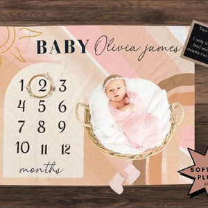 Baby Pink Girl Milestone Monthly Growth Blanket, Soft Velveteen Plush Baby Blanket, Newborn Baby Milestone Blanket, Boho Girl Month Blanket