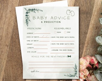 Minimalist Baby Predictions Card Baby Shower Games Advice & Wishes for Parents To Be Baby Predictions and Advice Sage green