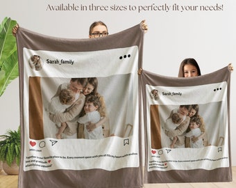 May include: A brown fleece blanket with a white Instagram-style photo frame featuring a family of four. The photo shows a man, a woman, and two children hugging. The caption reads "Together is our favorite place to be. Every moment spent with you all fills my heart with endless love and gratitude. #FamilyLove blessed".