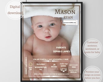 Sinal personalizado de estatísticas de nascimento, presente para bebês recém-nascidos, presente para meninos e meninas, anúncio de nascimento personalizado, estampas de arte de parede para berçário, novo presente para mães e pais