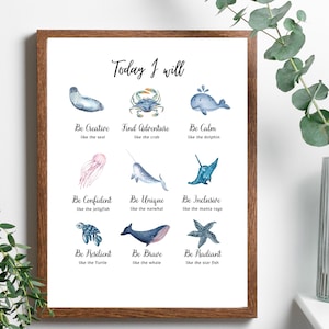 Affirmations wall art for kids,Today I Will positive affirmations poster,children room wall decor,Sea animal nursery,ocean animals,nautical