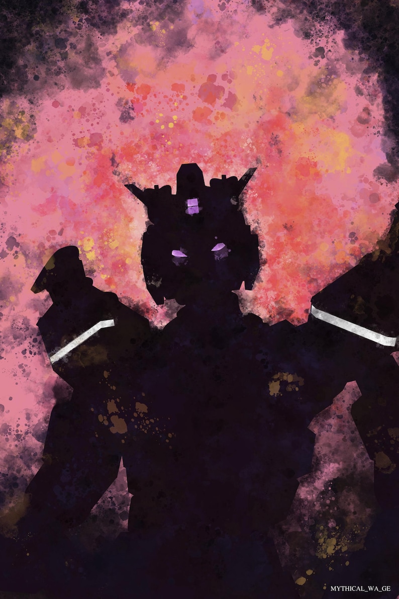 K&ouml;nnte beinhalten: Abstrakte digitale Kunst einer Roboter-Silhouette vor einem rosa-orangenen Hintergrund im Aquarellstil. Der Roboter ist dunkel mit wei&szlig;en Akzenten und lila Details. Das Kunstwerk hat eine dynamische, energiegeladene Ausstrahlung.