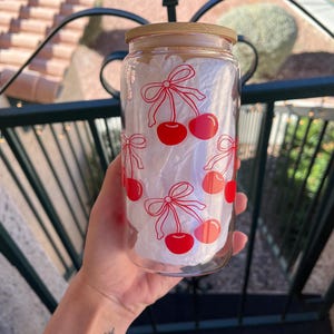 Literally just a girl, cherry bow Glass cup 16oz, lid and straw included - iced coffee glass, soda can glass, beer can glass