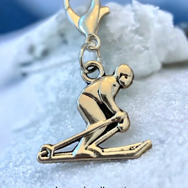 Skiing Skier Clip-on charm w/ lobster clasp jewelry making, stitch marker, purse charm, wineglass, keychain, zipper pull, earrings, bracelet