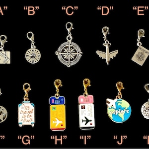 TRAVEL Clip-on Charms with lobster clasps You Choose!  Jewelry Making, Stitch Marker, Wineglass, Keychain, Zipper Pull, Earrings, Bracelet