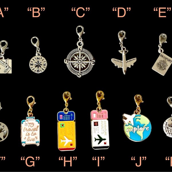 TRAVEL Clip-on Charms with lobster clasps You Choose!  Jewelry Making, Stitch Marker, Wineglass, Keychain, Zipper Pull, Earrings, Bracelet