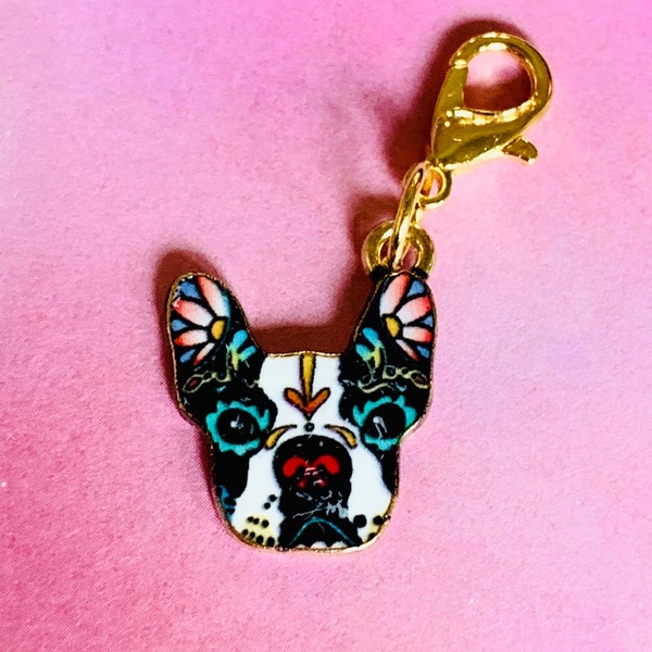 BOSTON TERRIER - Clip-on, Dangling Charm for Jewelry Making, Stitch Marker, Wineglass Charm, Keychain, Zipper Pull, etc.