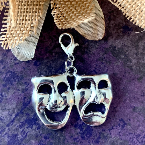 Comedy & Tragedy THEATER MASKS Clip-on charm w/ lobster clasp jewelry, stitch marker, purse, wineglass, keychain, zipper pull, bracelet