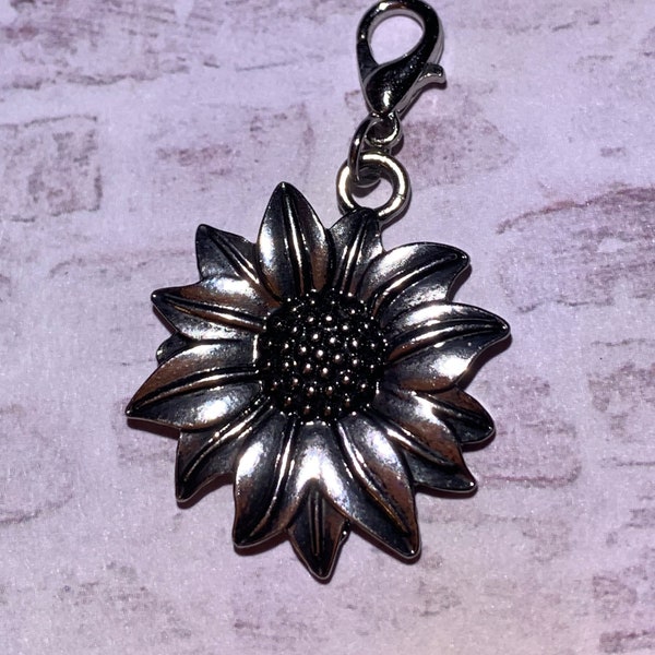 BoHo SUNFLOWER Gunmetal Clip-on charm with lobster clasp for jewelry, stitch marker, purse charm, wineglass, keychain, zipper pull