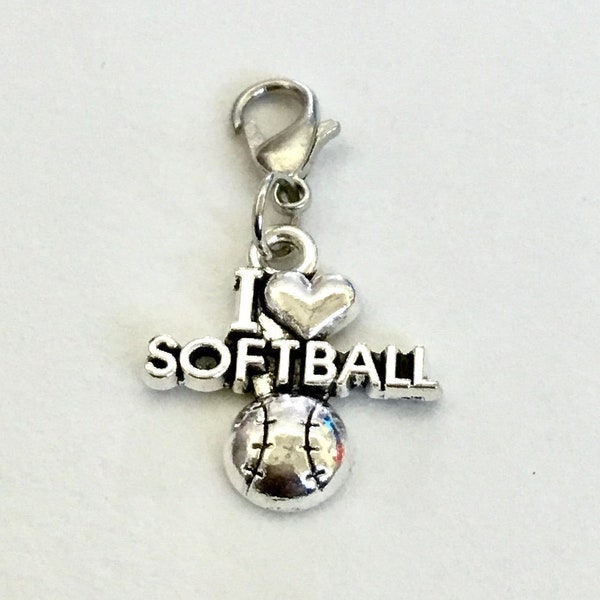 I LOVE SOFTBALL Clip-on charm with lobster clasp for jewelry making, stitch marker, wineglass charm, keychain, zipper pull, etc