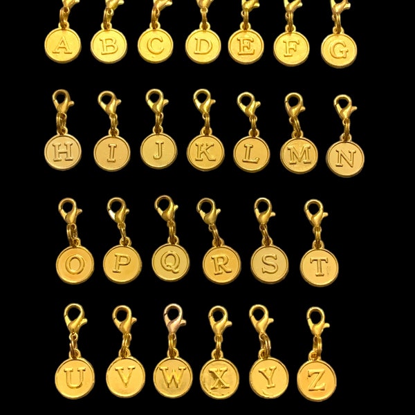 ALPHABET INITIALS Gold Clip-on, Charm with Lobster Clasp Jewelry, Handbag, Keychain, Stitch Marker, Zipper Charm, Wineglass, Earrings, etc