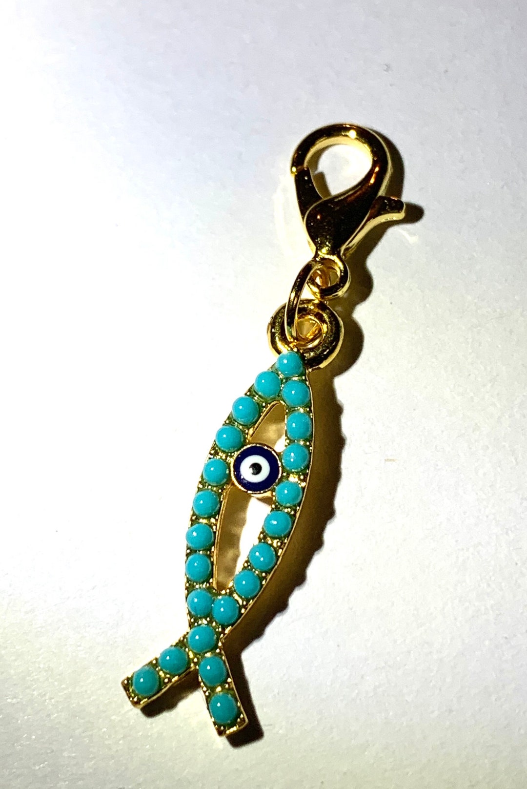 Turquoise Beaded Fish Ichthys Evil Eye Clip-on, Dangling Charm for ...
