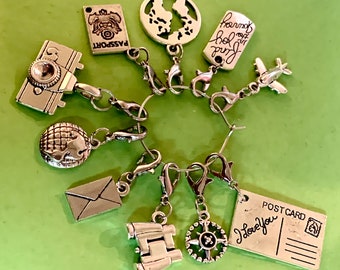 TRAVEL THE WORLD 10 Clip-on Charms on a Ring for Stitch Markers, Wineglass Charms, Jewelry Making, Keychain, Zipper Pull, etc.