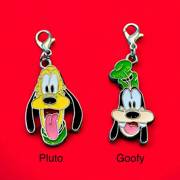 PLUTO or GOOFY Clip-on, Enameled Charms for Jewelry Making, Stitch Marker, Wineglass, Keychain, Zipper Pull, Earrings, Expandable Bracelet