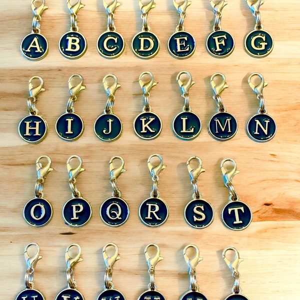 ALPHABET INITIAL Black Enameled Clip on Charm Lobster Clasp for Handbag, Keychain, Stitch Marker, Zipper Pull, Wineglass, Earrings, Bracelet