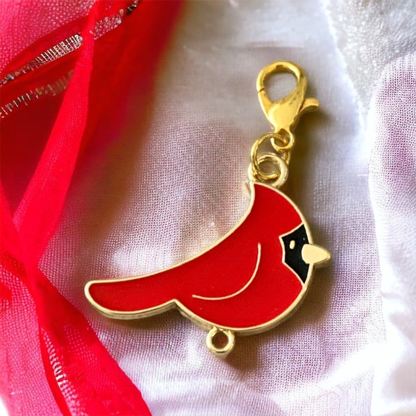 CARDINAL RED BIRD Clip-on charm with lobster clasp for jewelry, stitch marker, purse, wineglass, keychain, zipper pull, earrings, bracelet