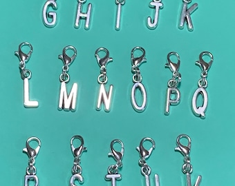 ALPHABET INITIALS Silver Block Clip on, Dangling Charm Lobster Clasp Jewelry, Handbag, Keychain, Stitch Marker, Zipper Charm, Wineglass