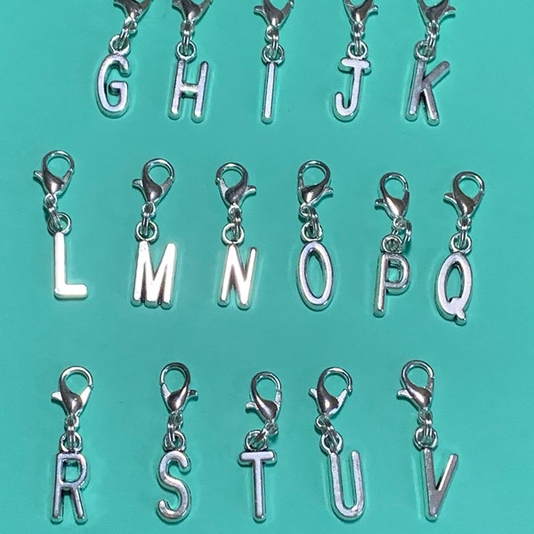 ALPHABET INITIALS Silver Block Clip on, Dangling Charm Lobster Clasp Jewelry, Handbag, Keychain, Stitch Marker, Zipper Charm, Wineglass