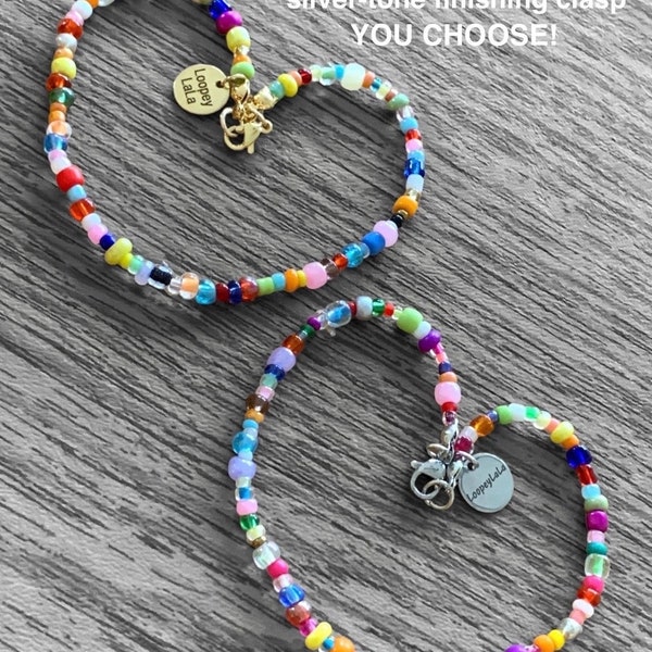 TWO Piece BoHo Czech Glass, BEAD SOUP Stacking Bracelets or Anklets with Lobster Clasps, Stretchy Nylon, Gorgeous Colors! Customize Size!