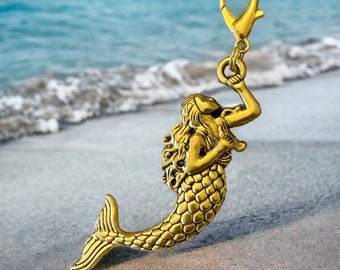 GOLDEN MERMAID Large Clip-on Charm with 18mm Lobster Clasp for Jewelry Making, Stitch Marker, Zipper Pull