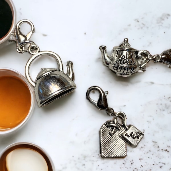 TEA TIME Teapots Teabag You Choose Charm for Jewelry, Stitch Marker, Wineglass Charm, Purse Charm, Keychain, Zipper Pull, Earrings, Bracelet