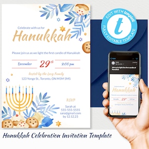 Hanukkah Invitation Editable Template, Traditional Celebration Invite, Family Dinner Party