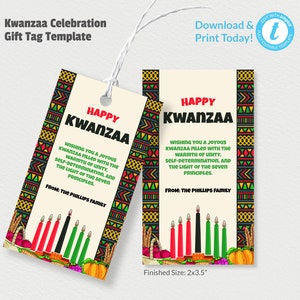 Kwanzaa Celebration Editable Gift Tag Template, Kinara, African Pattern, Juneteenth