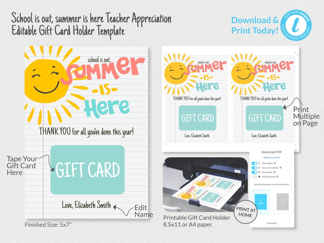 End of Year Teacher Gift Card Holder Template, Printable School's Out ...