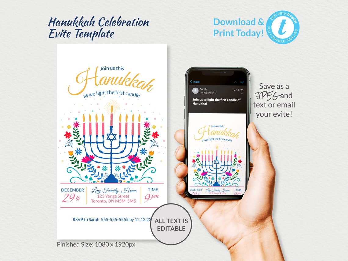 Hanukkah Invitation Template, Vibrant Color Scheme, Hand Sketched
