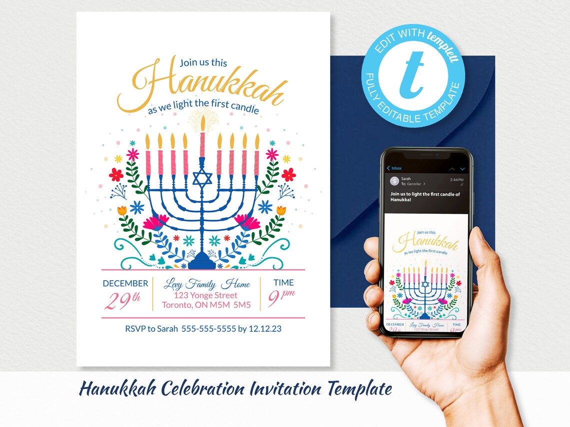 Hanukkah Invitation Template, Vibrant Color Scheme, Hand Sketched