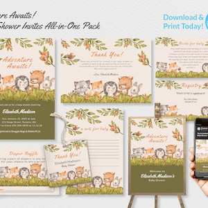Adventure Awaits Baby Shower invite les modèles modifiables du pack tout-en-un